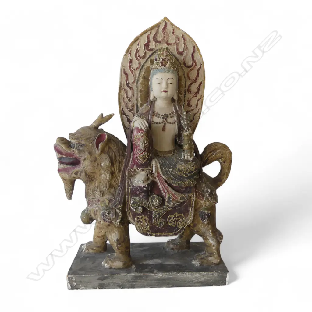 Chinese wood and gesso Buddha figure seated on mythological lion dog, Image 1++